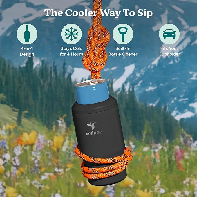 Reduce 4-in-1 Drink Cooler - Versatile Can & Bottle Holder with Vacuum Insulation - Keeps Drinks Cold Up to 4 Hours - Includes Bottle Opener - Fits Cupholders & Dishwasher Safe - 14oz - Black