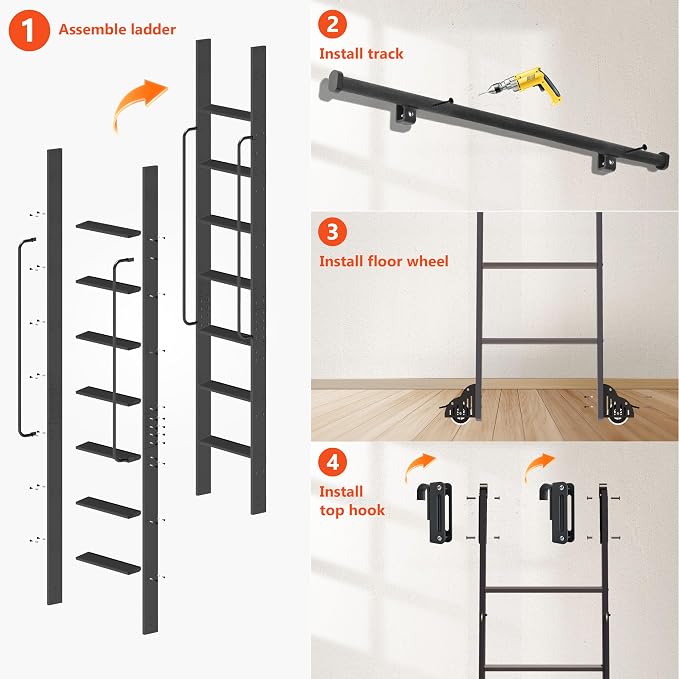 DIYHD 96" Rolling Library Ladder with Handrail, 4FT Sliding Rail, Black | 8-Step lightweight ladder with space-saving upright storage, Telescopic top hooks, Locking bottom rollers, 300lbs capacity
