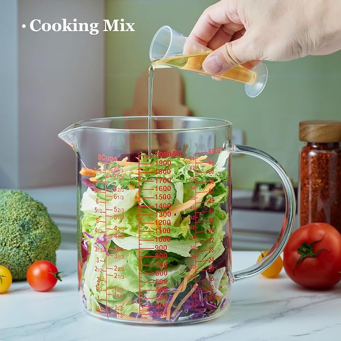 Ackers BORO3.3 Glass Measuring Cup-[Insulated handle | V-Shaped Spout]-Made of High Borosilicate Glass Measuring Cup for Kitchen or Restaurant, Easy to Read, 2000 ML (64 Oz, 8 Cup)