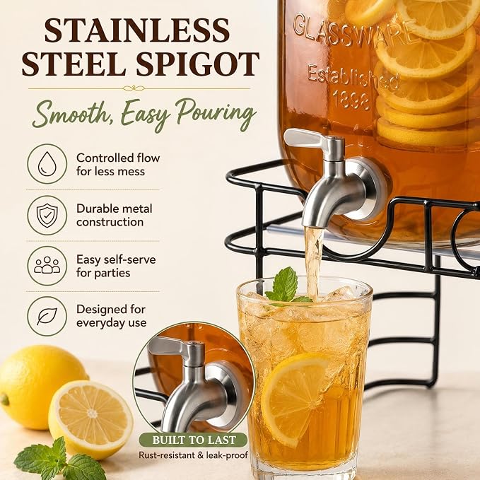 2 Gallon Glass Drink Dispensers for Parties, KIKCOIN 2 Pack Leakproof Beverage Dispenser with Stand & 18/10 Stainless Steel Spigot & Fruit Infuser -for Lemonade, Juice, Punch, Sangria