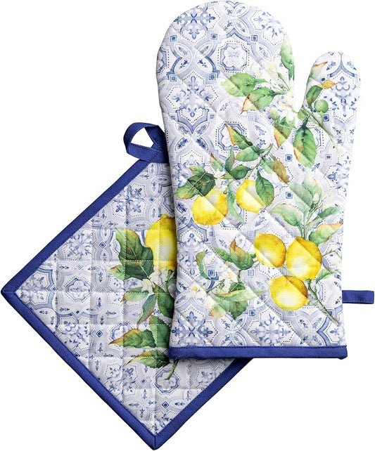 Maison d' Hermine 100% Cotton Oven Mitt & Pot Holder Set (7.5"x13" & 8"x8") | Heat Resistant BBQ Cooking Gloves with Loop Baking Grilling Kitchen Hotel Home Farmhouse Spring Summer - Citrus