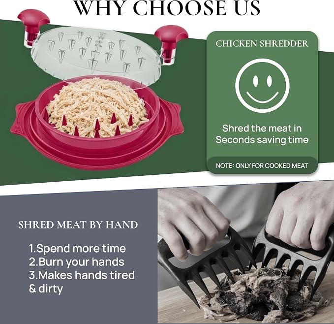 Large Chicken Shredder Tool Twist BPA Free Food Grade Material | Manual Meat Shredder Twist for Shredding, Chicken Breast Shredder Tool with Cleaning Brush, Ergonomic Handles, Non Slip Base