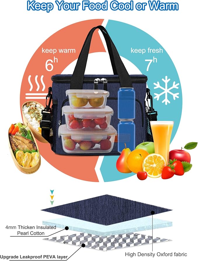 Lunch Bags for Women/Men, Insulated Lunch Bag for Work Office Picnic - Lunch Cooler Bag Leakproof Lunch Box with Adjustable Shoulder Strap - Dark Blue