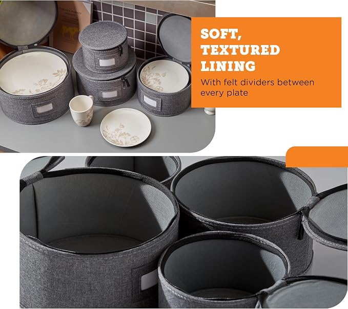storageLAB 4-Piece China Plate Storage Set | Hard Shell Dividers | Gray | 4 hard shell plate cases - dinner, salad, dessert & saucer, 12 plates each, 48 total. Felt dividers, stackable.