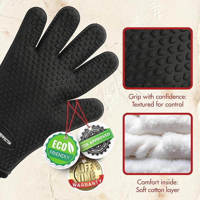 KITCHEN PERFECTION Silicone Griddle Grill Gloves Heat Resistant Oven Mitts | Waterproof, 5-Finger Design For A Better Grip, Best Griddle Grilling Accessories, Compatible with Blackstone, Weber & More