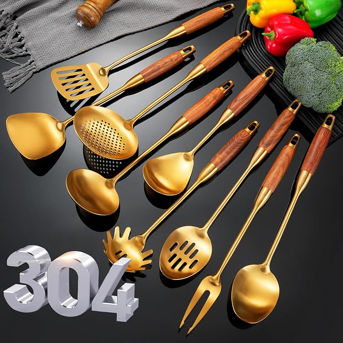 Gold Kitchen Utensils Set Stainless Steel 9 PCS with Wooden Handle | Food-grade 304, Sturdy, Wooden Handle, Anti scald, Work with large batches, Good weight, Well Balance, 13-14 Inch