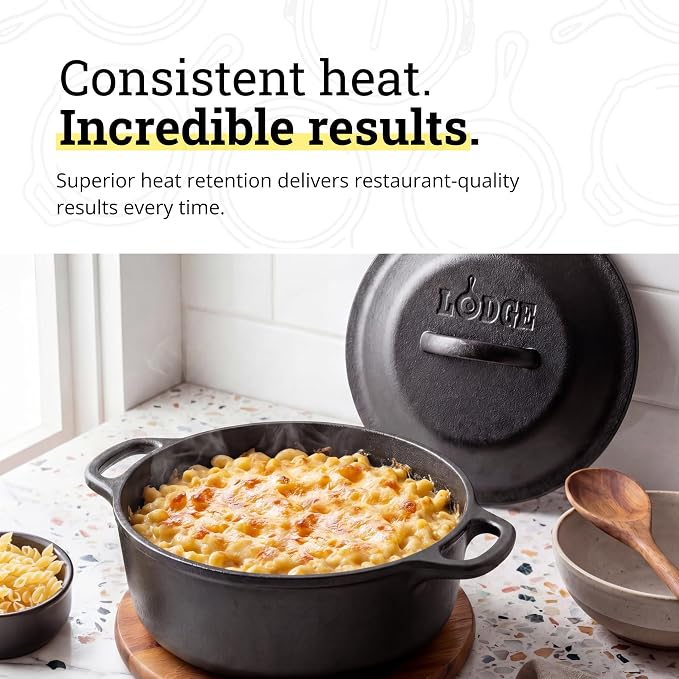 Lodge Cast Iron Dutch Oven 2 Quart - Loop Handle Cooking Vessel - Even Heat Retention - Oven-Safe, Versatile Pot