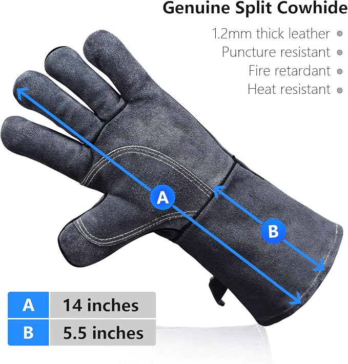 OZERO Welding Gloves 14 Inch, EN407 Certified Heat Resistant to 932°F, Gray | 1.2 mm Split Leather, Aluminum Heat Shield, Aramid Stitching, Long Cuff, MIG/TIG/Stick welding, Fireplace Fire Pit and BBQ