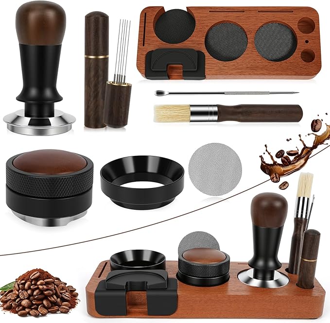 8 PCS Espresso Accessories Kit, 54mm Espresso Tamper Kit Coffee Tamper Set with Coffee Distributor, Espresso Tamping Station, Espresso WDT Stirrer,Dosing Funnel, Fits Breville 54 mm Portafilter