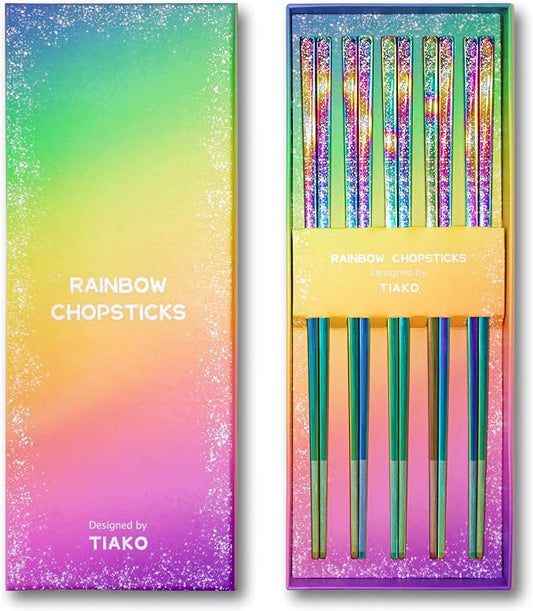 Stainless Steel Rainbow Chopsticks - 5 Pairs Reusable Metal Chopsticks with Non-Slip Tips, Dishwasher Safe, Colorful Utensil Set for Adults, Kids, Asian Cuisine, Sushi, Noodles, Home Kitchen or Gift