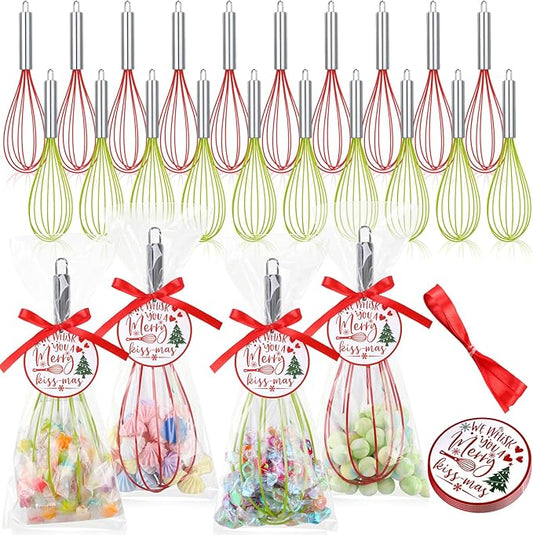 24 Sets 12 Inch Christmas Whisks Gifts DIY Fillable Christmas Tree Ornaments Xmas Colored Silicone Whisks for Cooking Heat Resistant Egg Beaters with Card Rope Bag for Candy Holder