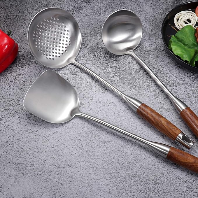 AOOSY Soup Ladle,304 Stainless Steel Cooking Ladle Spoon with Wooden Handle | 13.8 In Long Wood Handle Soup Spoon,Kitchen Utensil Wok Tool for Cooking, Gravy, Sauces