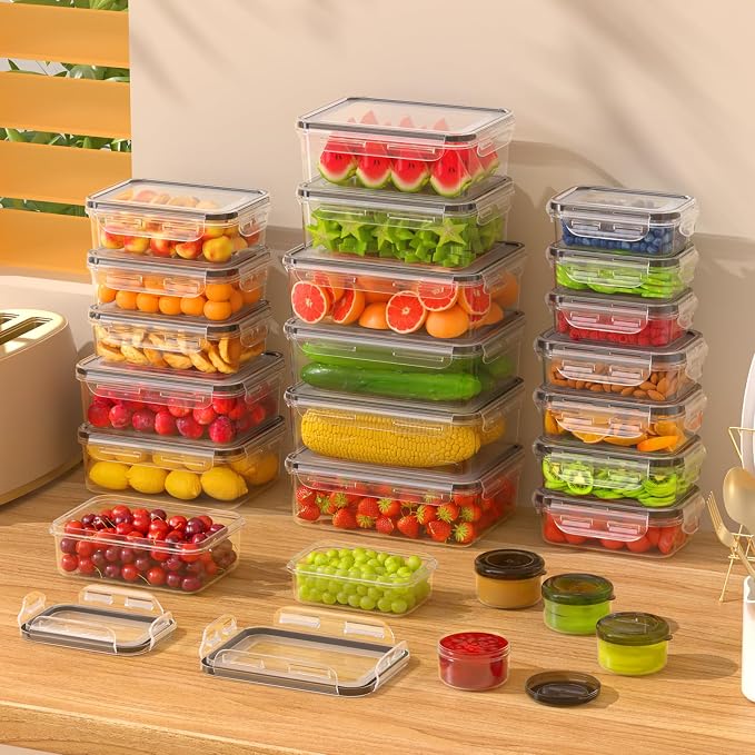 KEMETHY Large 48 Piece Food Storage Containers with Airtight Lids, BPA-free | 24 Containers & 24 Lids, Leak Proof, Meal Prep, Kitchen Storage, PVC-free Plastic, Microwave/Dishwasher Safe, Labels & Pen