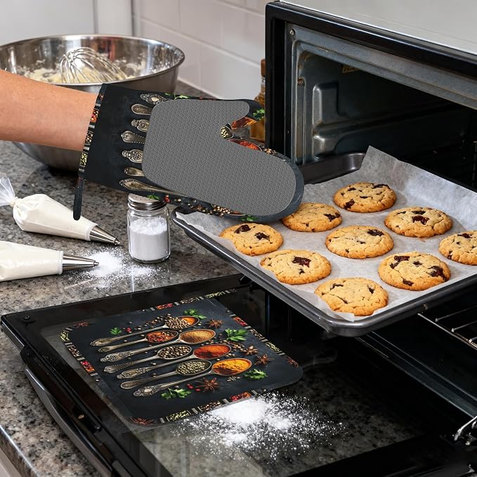 Cooking Herbs Spices Heat-Resistant Silicone Oven Mitts and Pot Holders 4 Piece Set,Extra Long Non-Slip Kitchen Oven Gloves for Cooking, Baking, BBQ,Grilling