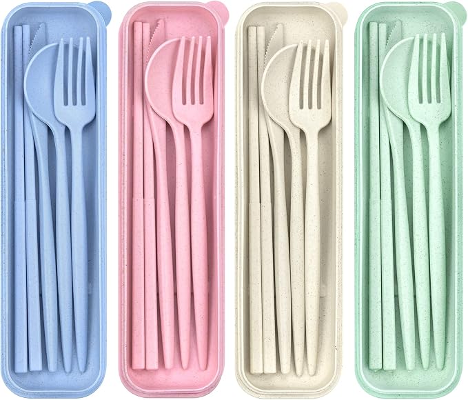 DISSKNIC 4 Sets Travel Utensils with Case, Cutlery Set Chopsticks Fork Spoon Knife with Case, Reusable Plastic Utensils Sets for Lunch Box Accessories,Portable Lunch Box Utensils Set for Daily Use