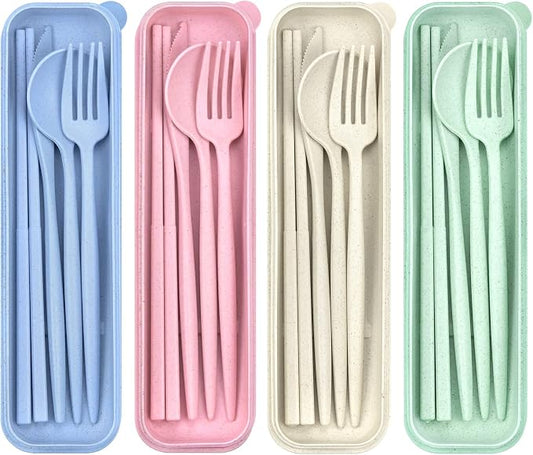 DISSKNIC 4 Sets Travel Utensils with Case, Cutlery Set Chopsticks Fork Spoon Knife with Case, Reusable Plastic Utensils Sets for Lunch Box Accessories,Portable Lunch Box Utensils Set for Daily Use