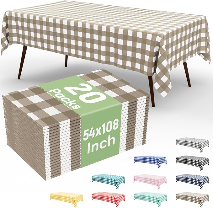 20 Packs Buffalo Disposable Table Cloth, 54 x 108 Inch Waterproof Plastic Tablecloth, Rectangle Khaki and White Checkered Table Covers for Picnic, Birthday, Party, Back to School