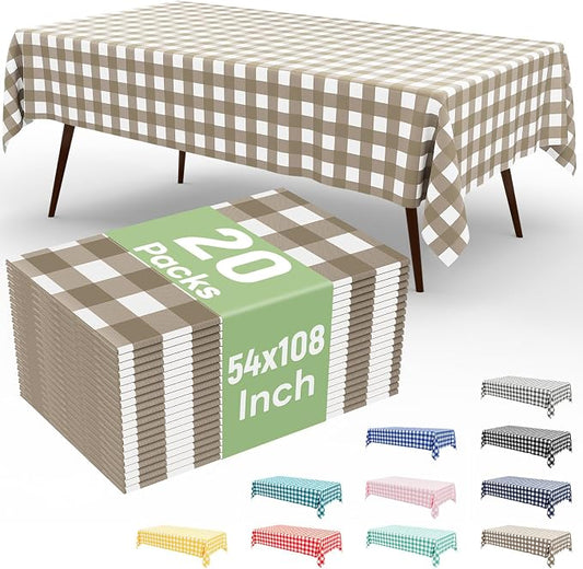 20 Packs Buffalo Disposable Table Cloth, 54 x 108 Inch Waterproof Plastic Tablecloth, Rectangle Khaki and White Checkered Table Covers for Picnic, Birthday, Party, Back to School