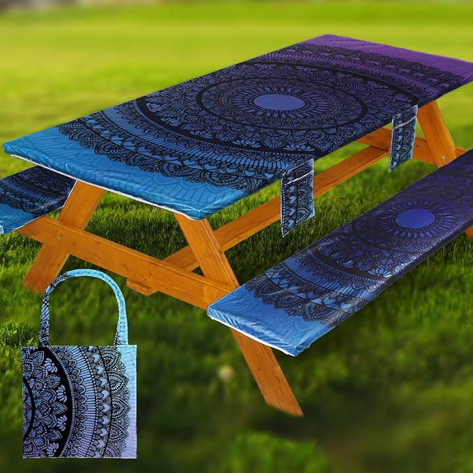Wrakus Picnic Table Cover with Bench Covers Vinyl Elastic Edges Fitted Rectangle Seat Tables Waterproof 3-Piece96X30in Set Outdoor Rectangular Folding Backing Tablecloth for Camping Over Size