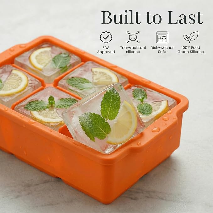 KitchFort® Large Silicone Ice Cube Tray (2-Pack), Easy Release 2" Big Ice Cubes - Cocktail, Whiskey Ice Cubes Mold - Ice Trays for Freezer with Lid - Stackable Silicone Ice Tray - Orange