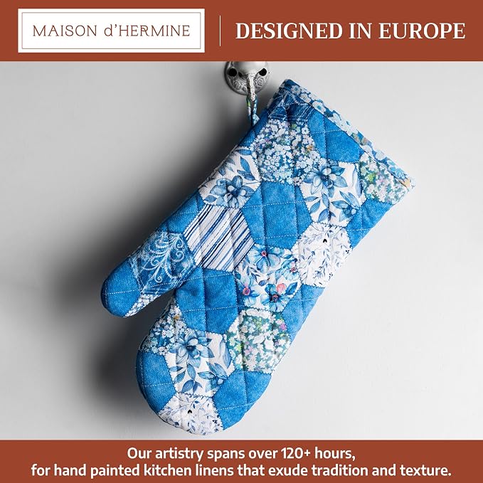 Maison d'Hermine Oven Gloves 100% Cotton Oven Mitt (7" x 13", Pack of 1) | With Loop Heat Resistant BBQ Cooking Gloves Baking Grilling Kitchen Handling Hot Pans Spring Summer - Summer Blues