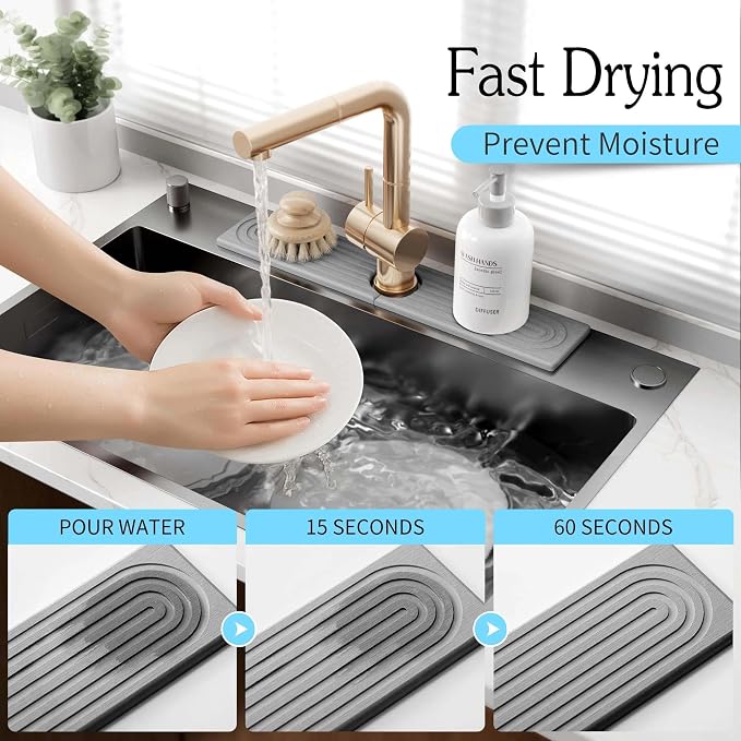 Faucet Mat for Kitchen Sink, Diatomite Sink Splash Guard, Quick Dry Stone Sink Tray, Non-Slip Water Absorbing Mat for Kitchen & Bathroom Counter, 23.6" x 3.9"