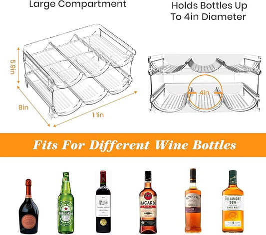 Plastic Stackable Wine Rack for Refrigerator, 2 Tier Large Capacity Water Bottle Organizer for Cabinet, Free-Standing Water Bottle Storage Rack for Fridge, Countertop, Pantry, Freezer, Hold 6 Bottles