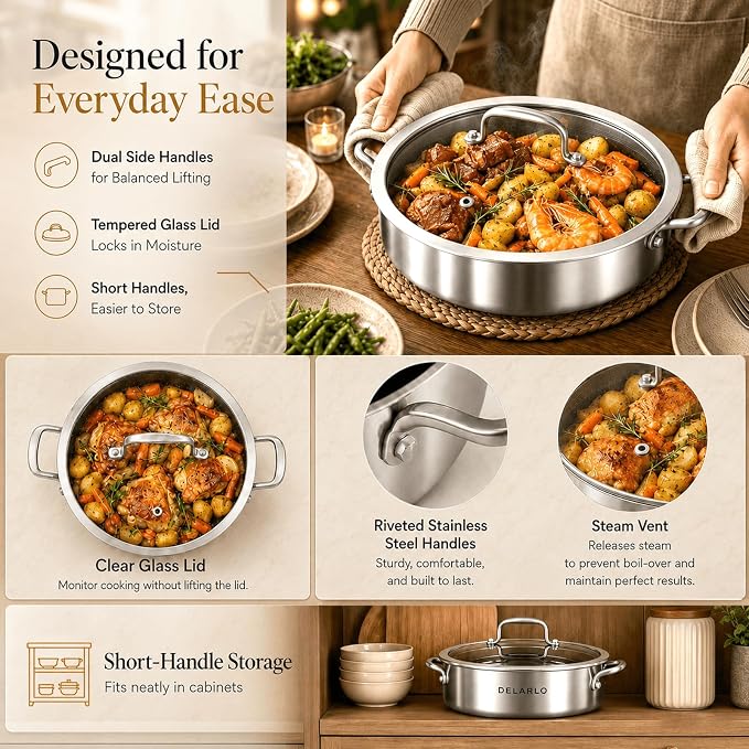 DELARLO Tri-Ply Stainless Steel 7QT Saute Pan 12 Inch Deep Frying Pan with lid Nonstick, Induction Compatible Chef Cooking Pan