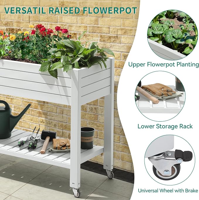 YITAHOME Raised Garden Bed with Wheels 43.3x17.7x34 in Raised Planter Box with Legs, Drain Plug and Storage Shelf, Elevated Planter Box for Plants Vegetables Flowers Herbs, White