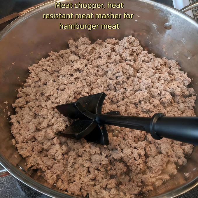 Meat Chopper, Hamburger Grinder, Premium Heat Resistant Masher for Ground Beef, Burger Grinder, Potato Masher, Nylon Potato Mix Tool, Safe, Non-Stick, Mix and Chop Kitchen Tool - Black