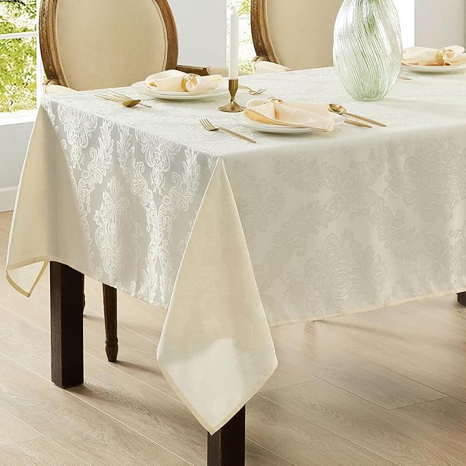 Newbridge Barcelona Luxury Damask Fabric Tablecloth, 70” Extra Wide x 108” Rectangle, Antique White, 100% Polyester, No Iron, Soil Resistant Dining Room, Party and Banquet Table Cover