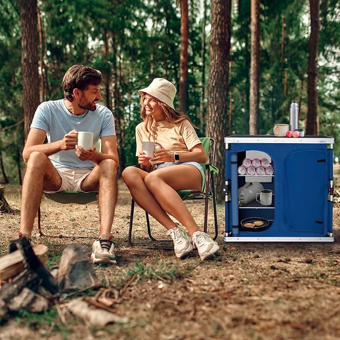 EAGLE PEAK Double Folding Camping Table with Storage Organizer and Side Pockets, Portable Outdoor Portable Camping Table for BBQ, Picnic and Tailgating, Carry Bag Included, Blue