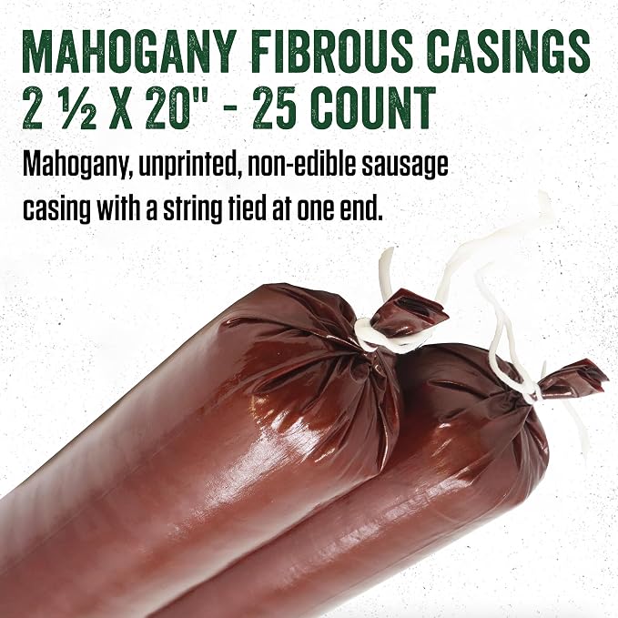 LEM Products Mahogany Fibrous Casings, 2 ½ Inches x 20 Inches, Non-Edible Sausage Casings, Stuffs Approximately 3 Pounds Per Casing, Great for Summer Sausage, Pepperoni, and Salami, 25 Count Pack