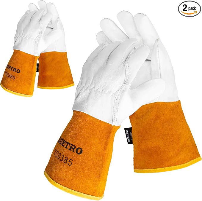 BEETRO Working Gloves 2 Pairs, Tig Welding Cowhide Split Leather, Heat/Fire Resistant BBQ/Warehouse/Heavy Duty/Animal Handling Glove, Extremely Soft and Flexible