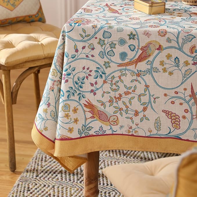 patdrea Designer Small French Rectangular Tablecloth,Vintage Yellow Floral Birds Pattern Linen Colorful Table Cloth,Decor Cover for Kitchen Dining Banquet,Christmas,Thanksgiving,55"x71"-Magnolia