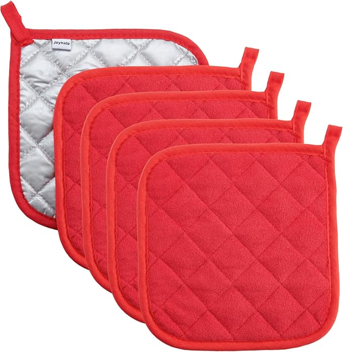 Joyhalo 5 Pack Pot Holders for Kitchen Clearance | Cotton Made, Machine Washable, Heat Resistant Potholder, Hot Pads, Trivet for Cooking and Baking, Red