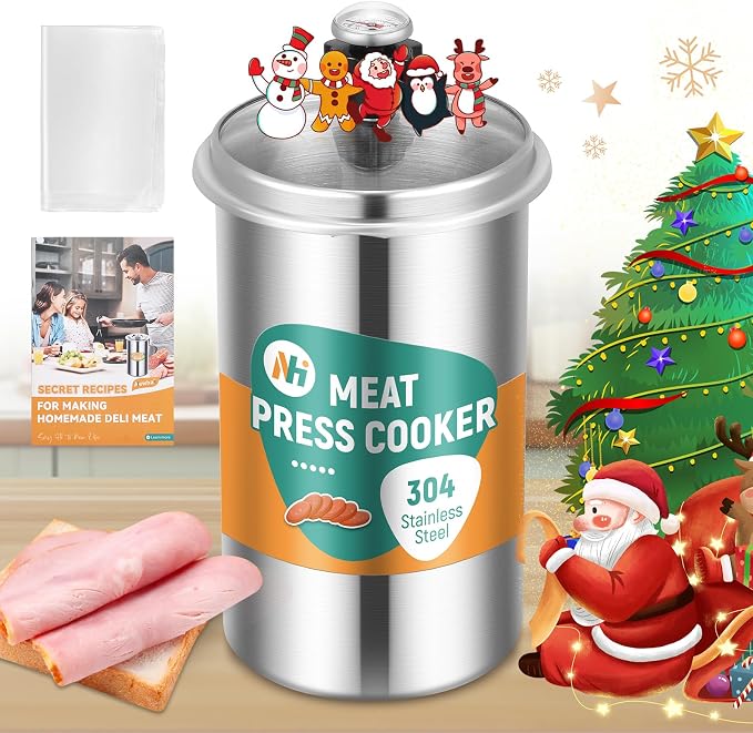 Deli Meat Maker Lunch Press, Stainless Steel Cooker with Glass Cover | With Thermometer, 5 Recipes Cooking Bags, Homemade Ham Lunch Meat, Dishwasher Safe, Easy Cleaning