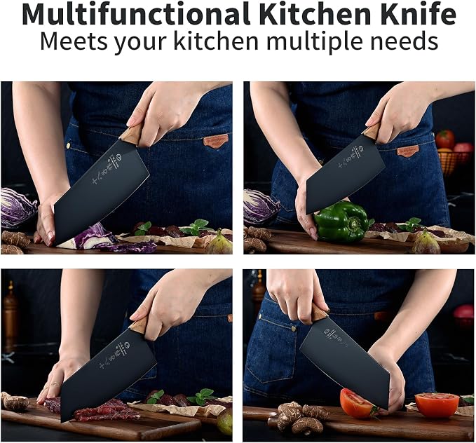 SHI BA ZI ZUO Meat Cleaver, Vegetable Cleaver, Utility Knife Chinese Chef Knife for Kitchen Stainless Steel Ergonomic Design Wooden Handle