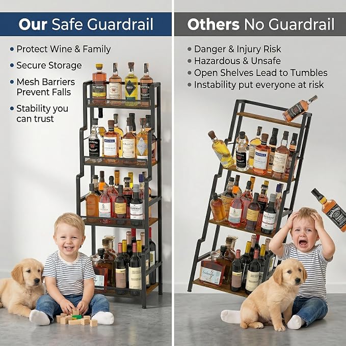 Hayexiha 4-Tier Stepped Freestanding Wine Rack, Large Capacity Liquor Cabinet with Anti-Fall Guardrails and Rounded Corners, Bottle Display Shelf & Mini Bar for Living Room, Home Bar, Kitchen Corner