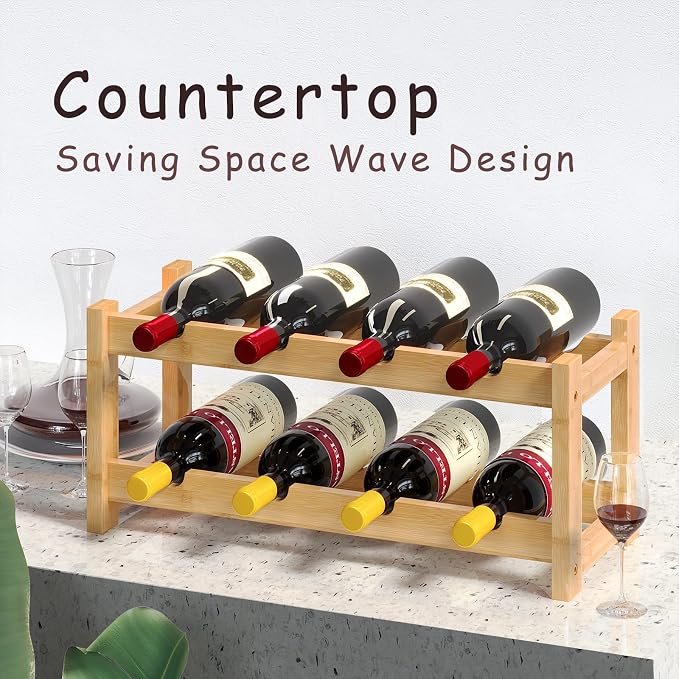 BAMEOS Wine Rack Freestanding 8 Bottle 2 Tier Bamboo Wine Racks Countertop Cabinet Wine Holder Wine Storage Shelf for Kitchen, Bar, Pantry, Wine Cellar, Basement, Countertop (16.85 L x 9.25W x 7H)