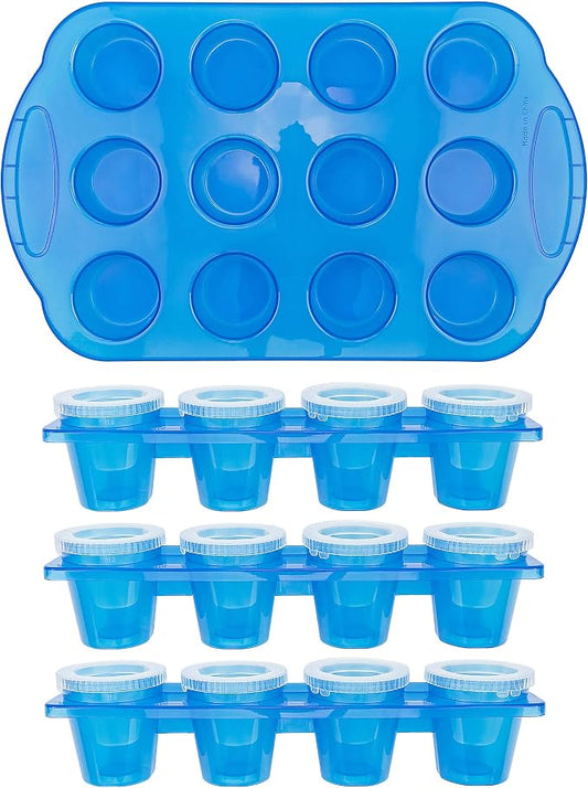 Fairly Odd Novelties 12pc Set-Add Water & Freeze to Make Ice Shot Glasses-Includes Serving Tray, One Size, Blue,FON-10051