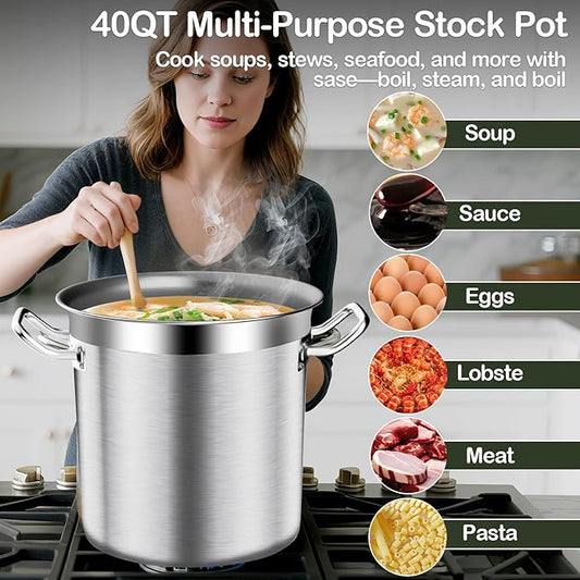 Stainless Steel Stockpot – 40QT Stock Pot with Lid, Heavy-Duty Tri-Ply Bottom Cooking Pot for Canning, Boiling Beer Brewing, Soup, Seafood Boil – Satin Finish Stainless Steel Soup Pot