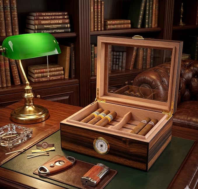 Cigar Humidor - Holds 25-50 Cigars - Spanish Cedar Wood - Tempered Glass Top Display - Metal Handle, Divider, Humidifier, Hygrometer - Santos Rosewood