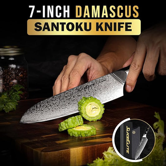 SliceElite Elite Series 7 Inch Santoku Knife VG10 Damascus Steel G10 Handle Dual Protection Cutting Kitchen Tool Sharp Vegetable Meat Chopping BBQ Chef Slicing Cleaver Cooking Camping Butcher Gift