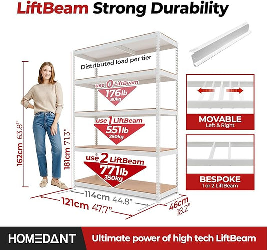 HOMEDANT White 5 Tier Laminated Boltless Heavy Duty Garage Storage Adjustable Wide Size Metal Shelving Unit Utility Rack Shelves Organization Shelf Shed Warehouse 47.7" W x 18.2" D x 71.3" H 1Pack