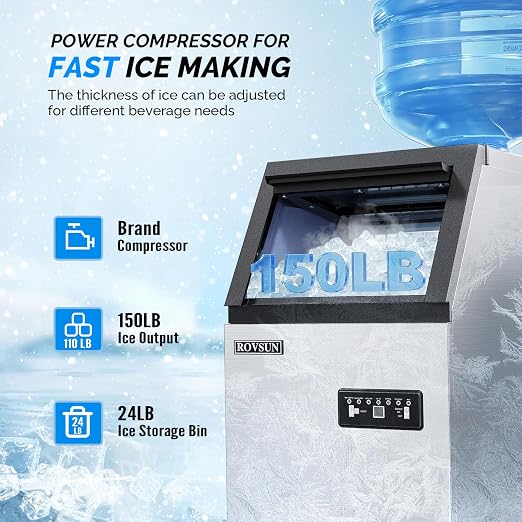 ROVSUN Commercial Ice Maker 150lbs/24h Automatic Built-in Stainless Steel Under Counter/Freestanding Ice Machine for Restaurant Bar with 24lbs Storage, Connection Hoses & Ice Scoop