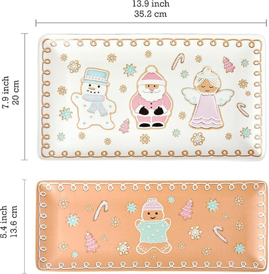 Bico Pastel Gingerbread Man Ceramic 14 inch Rectangular Serving Platter, Set of 2, for Serving Salad, Pasta, Cheese, Ham, Appetizer, Microwave & Dishwasher Safe