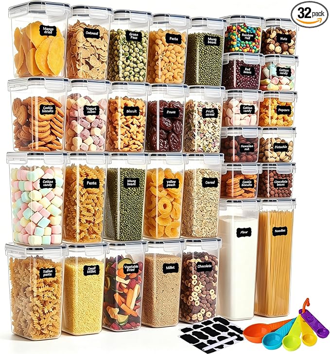 32pcs Airtight Containers, Clear Stackable Dry Food Storage | 32pk clear airtight containers with tight lids keep dry food fresh. Safe plastic, stackable for pantry kitchen storage