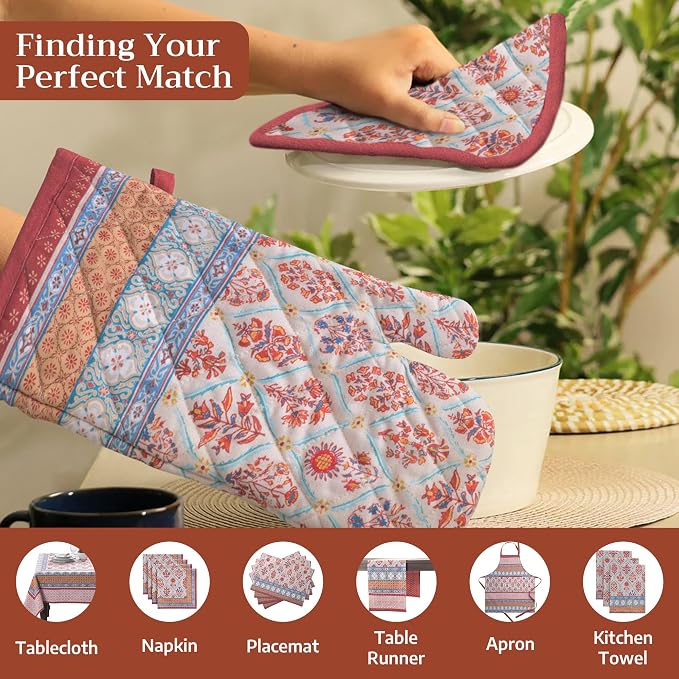 Maison d' Hermine 100% Cotton Oven Mitt & Pot Holder Set (7.5"x13" & 8"x8") | Heat Resistant BBQ Cooking Gloves with Loop Baking Grilling Kitchen Hotel Home Farmhouse Thanksgiving Christmas - Romane