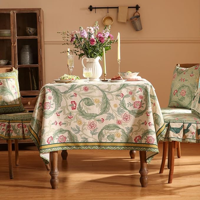 patdrea Designer Green Long Table Cloth for Rectangle Table,Vintage Linen Leaves Pattern Tablecloth,Floral Decor Cover for Kitchen Dining Christmas,Tea Party,Thanksgiving,63"x94"-Cecilia a